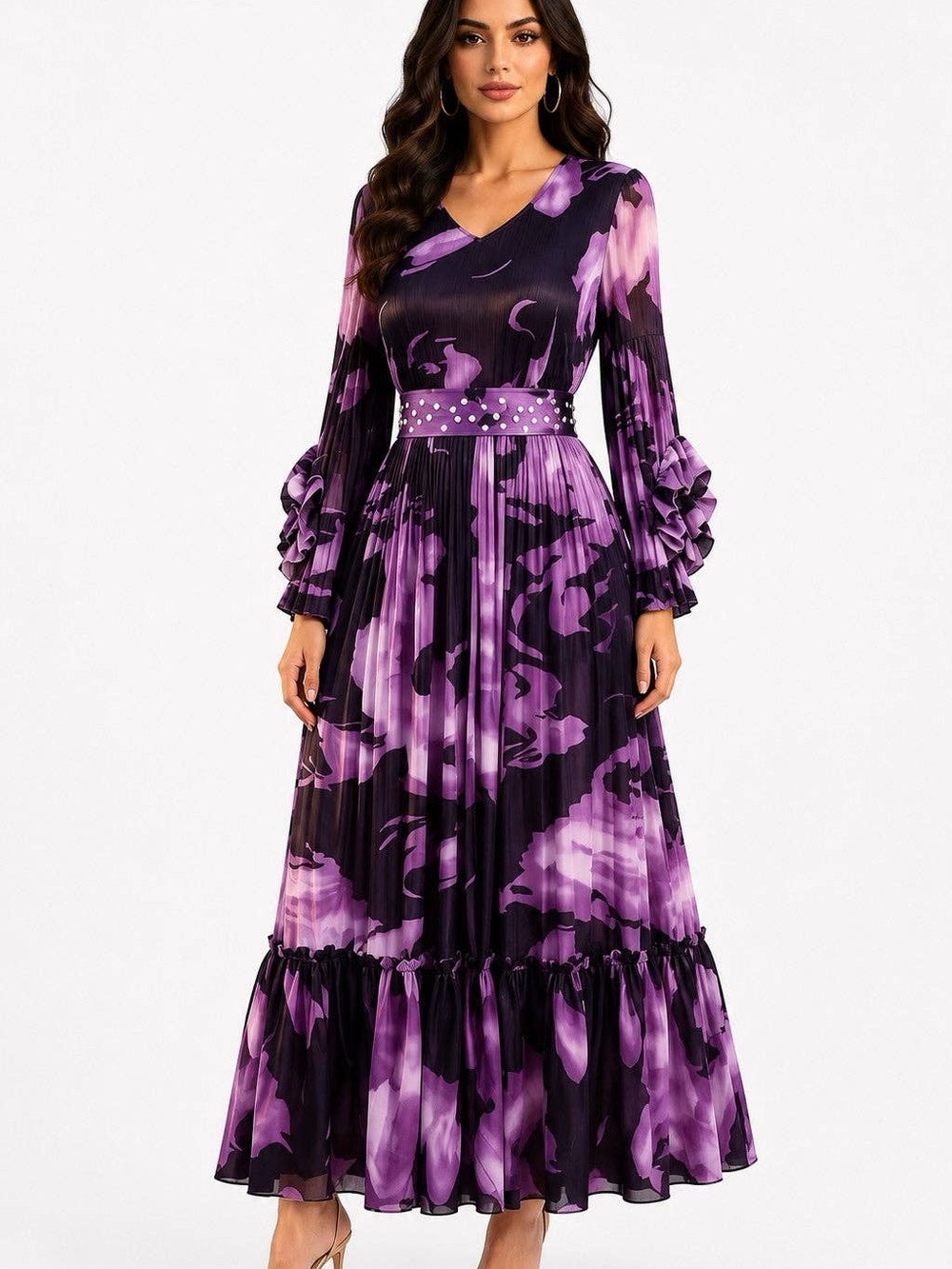 Pleated Purple Floral Maxi Dress with Studded Waist